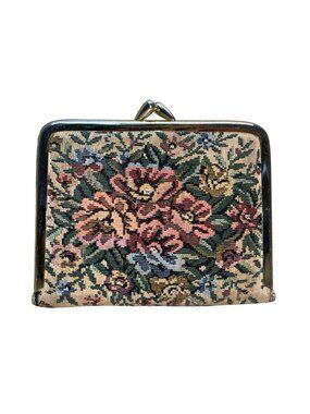 Vintage Womens Floral Tapestry Gold Metal Frame Triple Magnification Dual Mirror